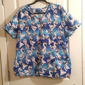 Disney Frozen Olaf nursing scrubs top shirt short sleeve blue white X large